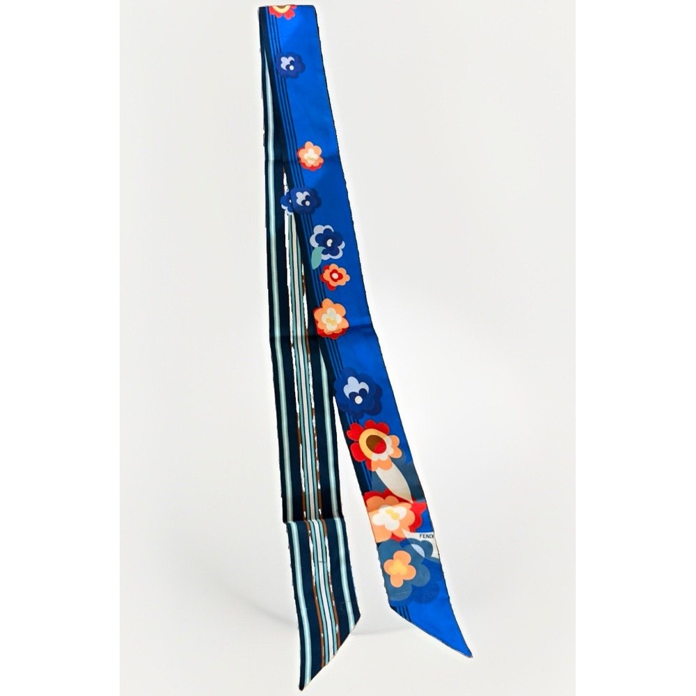 Fendi Roma Blue Floral Striped Silk Wrappy Scarf Made in Italy